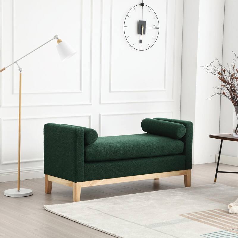 Elegant 53.5" Upholstered Ottoman Bench with Wood Legs & Bolster Pillows
