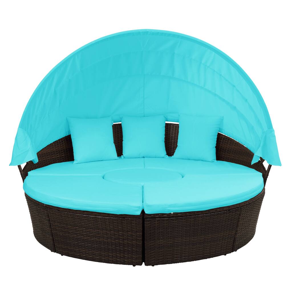 Patio Furniture Round Outdoor Sectional Sofa Set Rattan Daybed Sunbed with Retractable Canopy