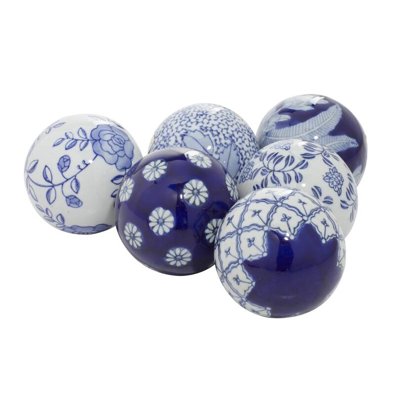 Ceramic Floral Handmade Glossy Decorative Orbs & Vase Filler with Varying Patterns - Set of 6 Black or Blue - Roche River Decor