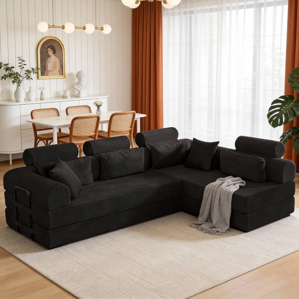 Oversized Convertible Sleeper Sofa Bed, L Shape Modular Sectional Cloud Sofa with Fixed-Shape Frame, Boneless Couch with Pillow