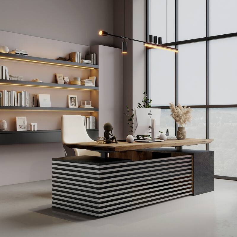 Adjustable L-Shaped Executive Desk with Outlets File Cabinets 3 Drawers Custom Size & Color - 78inches - Left Return-Black/Wood