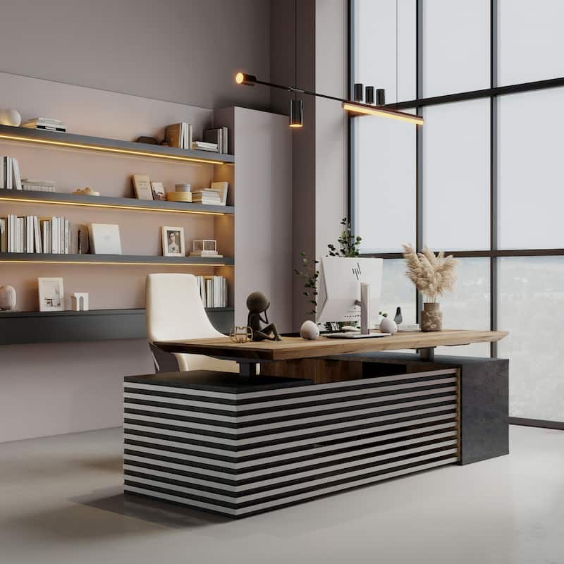 L-Shaped Executive Desk with Outlets File Cabinets 3 Drawers Custom Size & Color - 78inches - Left Return-Black/Wood