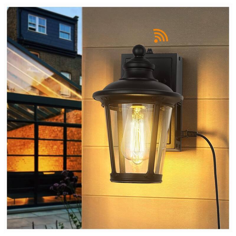 Dusk to Dawn Outdoor Wall Lighting with Built-in GFCI Outlet with Clear Glass, Die-Cast Aluminum in Black Finish