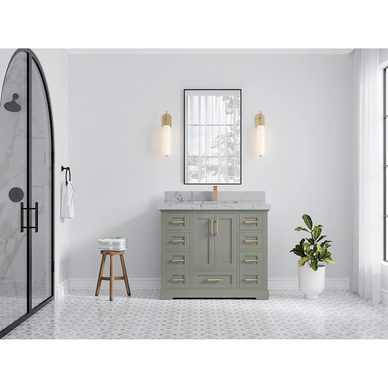 Willow Collection 42 in W x 22 in D x 36 in H Boston Single Bowl Sink Bathroom Vanity with Countertop - 2"Venatino Quartz - Evergreen