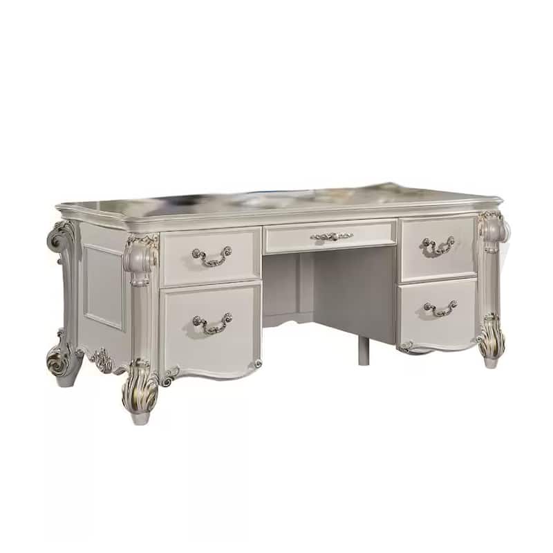Antoine Home Office Desk, 5 Drawer, Pearl White Wood Gold, 74 Inch