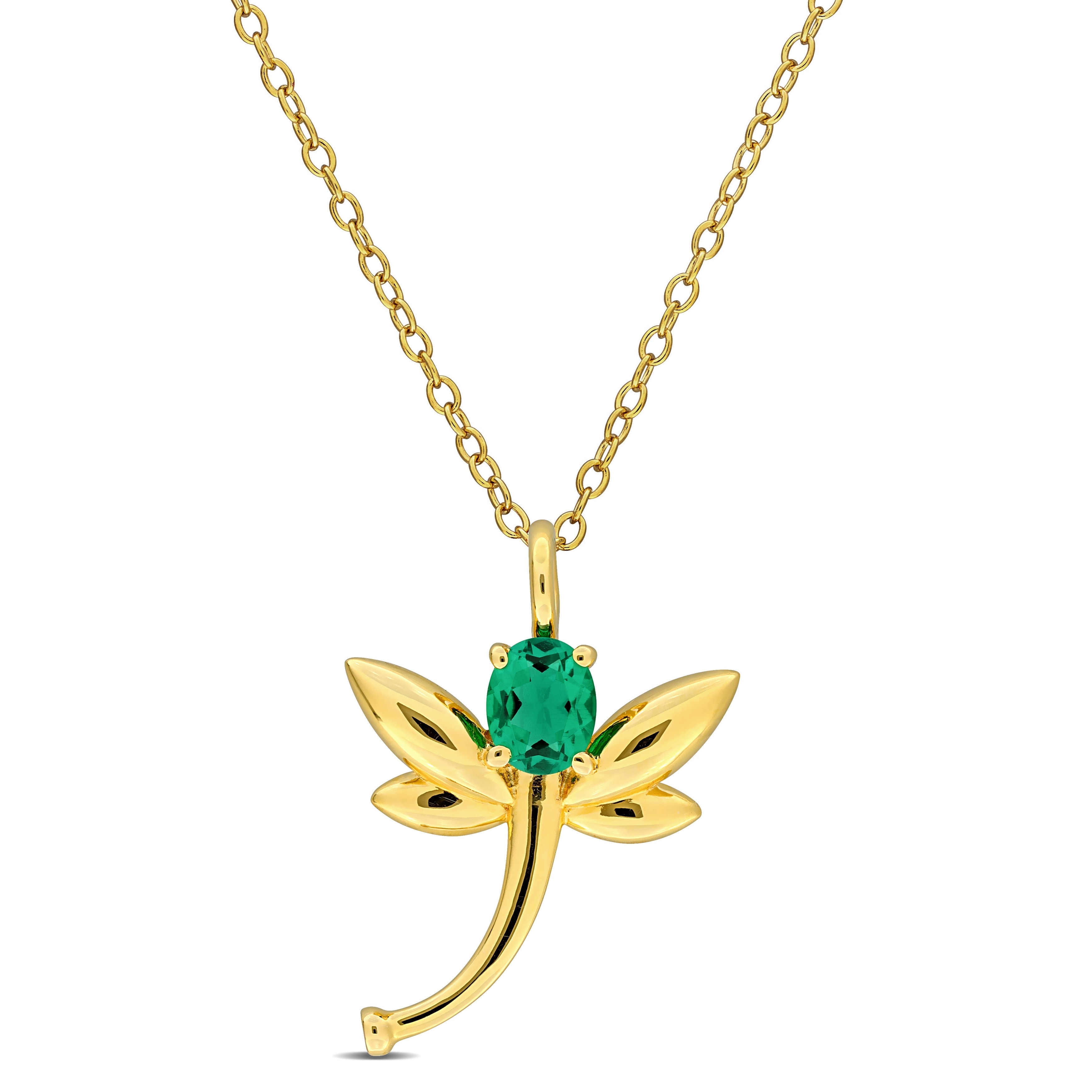 Miadora 1/3ct TGW Created Emerald Diamond Accent Dragonfly Necklace Yellow Silver