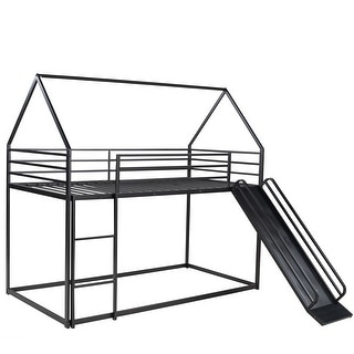 Twin Over Twin Metal Bunk Bed with Slide & Ladder, Metal Playhouse Bunkbeds Twin Size for Kids Girls Boys, No Box Spring Needed