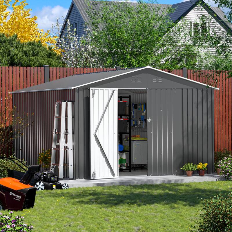 10'x12'Steel Outdoor Storage Shed,Galvanized Steel Metal Garden Shed with Lockable Doors,Heavy-Duty Storage Tool House - Grey