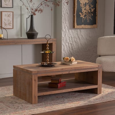 Rectangle Coffee Table with Solid Wood for Living Room, Large 2-Tier Rustic Coffee Table with Storage Shelf