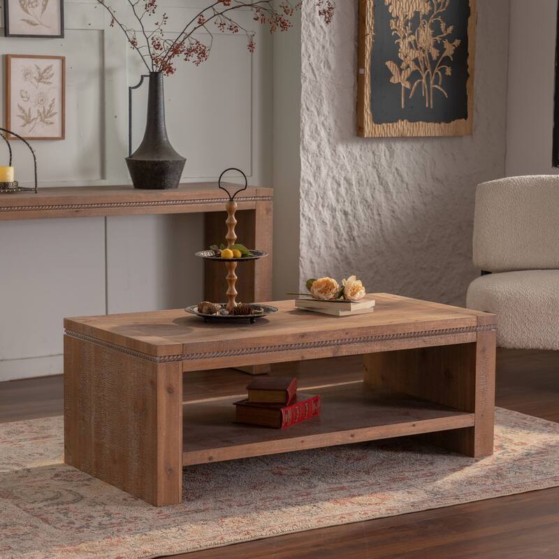 Rectangular Coffee Table 2 Tiers Rustic Style Coffee Table with Storage Shelf and Oversized Tabletop, for Living Room - Natural