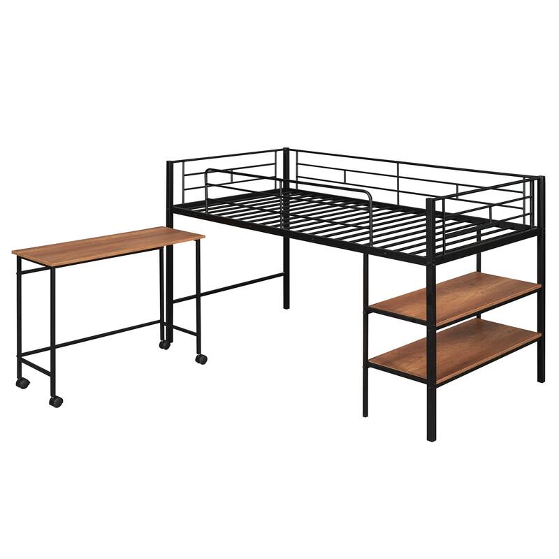 Twin Size Metal Loft Bed with Desk and Shelves in Black