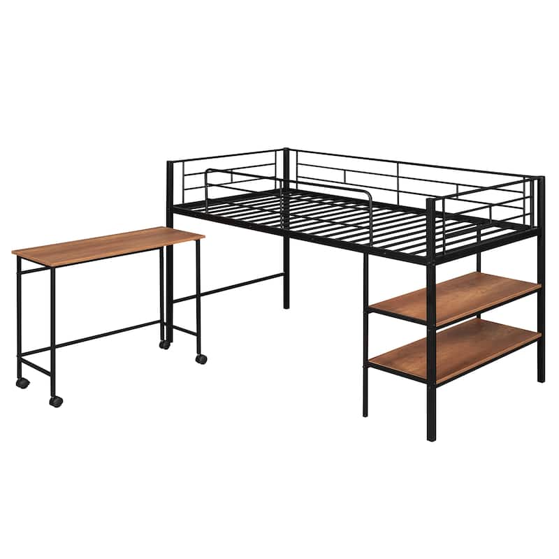 Twin Size Metal Loft Bed with Desk and Shelves