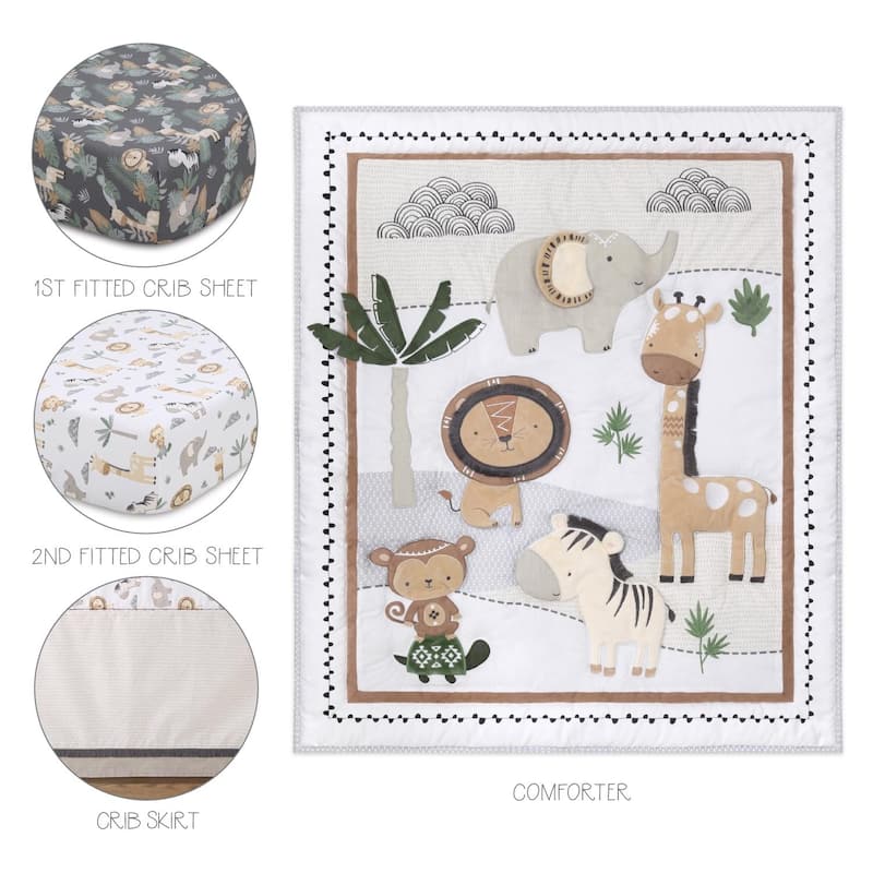 The Peanutshell Organic Cotton Crib Bedding Set for Baby Boys or Girls, Safari Serenity, 4 Pieces