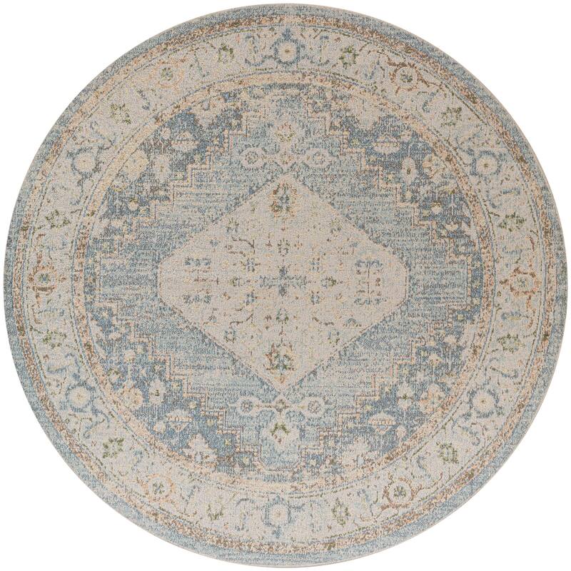 Nourison Astra Machine Washable Distressed Area Rug - 5'3" Round - Silver/Blue