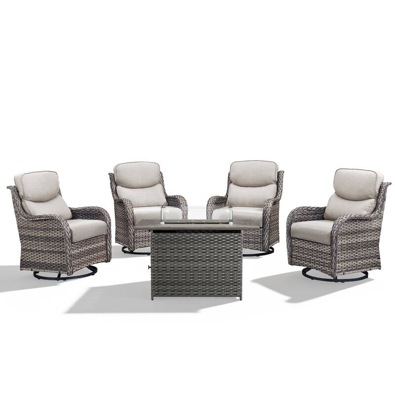 Meyreso 5-Piece Outdoor Patio Wicker Fire Pit 4 person Conversation Set with 5-Inch Thick Cushions