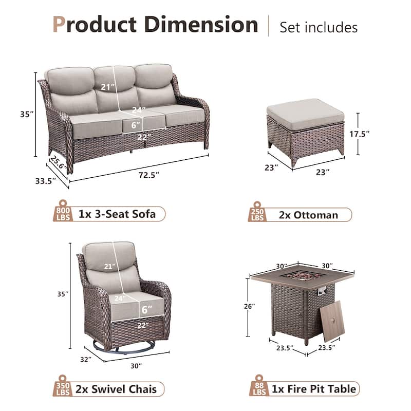 Pocassy 6 Pieces Outdoor 6" Sofa Swivel Chair Ottoman with Fire Pit Table
