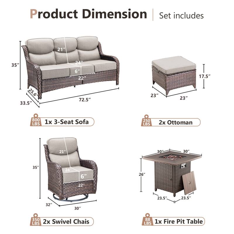 Pocassy Outdoor 6" Sofa Swivel Chairs with Fire Table Funiture