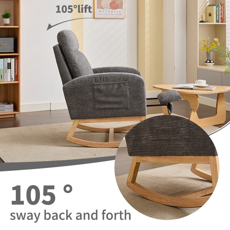 Accent Chair Rocking Chair Lounge Arm Chair with Wood Legs, Upholstered Glider Rocker Armchair with Side Pocket - Dark Gray