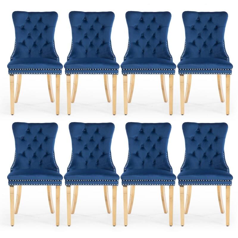 Tufted Naliheads Solid Wood Upholstered Dining Chairs (Set of 8) - Navy GoldLegs