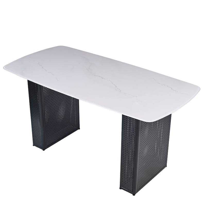 Modern Rectangular Tempered Glass Dining Table, Marble-Patterned Design with Black Dual-Pedestal Metal Base for Dining Room