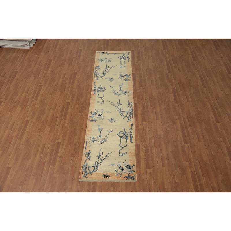Hand Knotted Oriental 100% Wool Carpet Traditional Floral Beige & Ivories Ziegler Runner Rug - 11' 9'' X 2' 10''