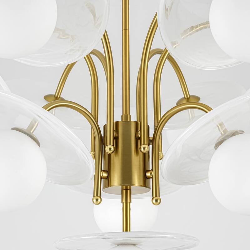 29.1" W 10-Light Mid-Century Chandelier with Cloud Glass Discs and Opal Globes in Brushed Gold
