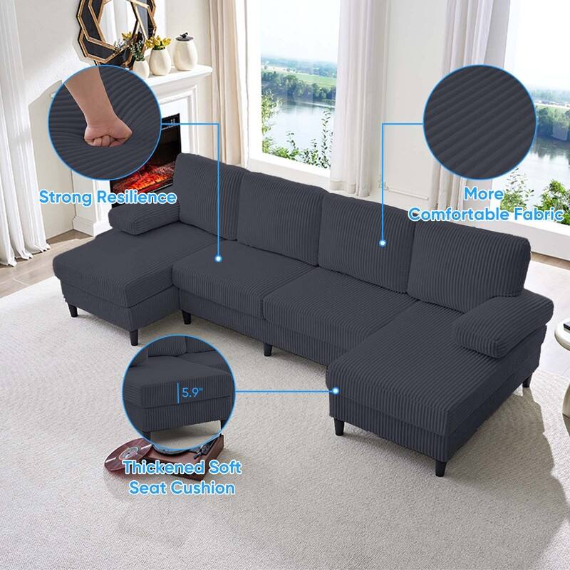 Mixoy W110"U-Shaped Sectional Sofa Couches with Double Chaises and Sleepable Armrests,Corduroy Upholstered 4-Seater Sofa