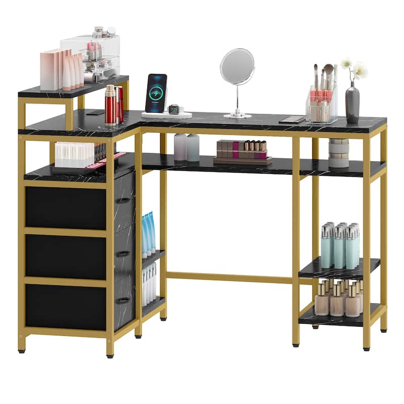 Moasis L Shape Nail Desk with Built-in Charging Station and Marbling Texture Manicure Station