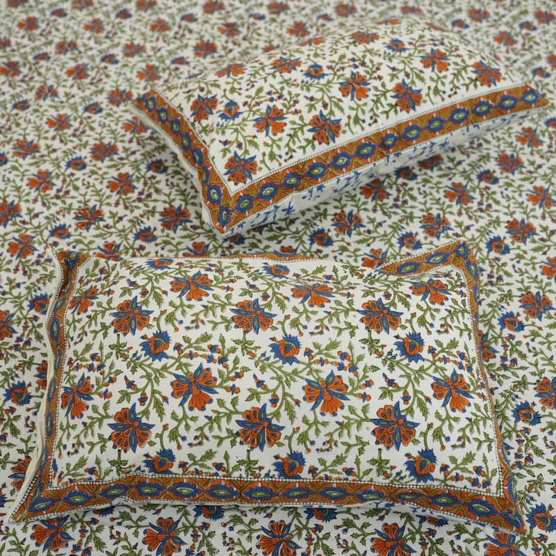Fabdivine Cotton Hand Block Floral Flat Sheet Bed Room Home Décor Accent Gift