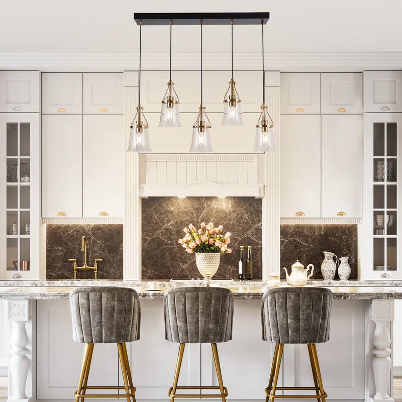 Haye Modern 5-Light Linear Chandelier Glass Island Lights for Kitchen Island - Black&Gold - 33.5" D x 5.5" W x 10" H