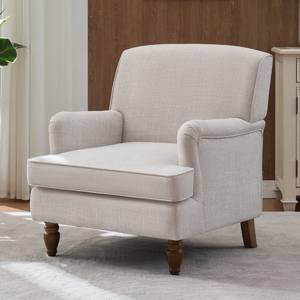 Upholstered Chairs Linen Fabric Armchair with Antique Solid Wood Legs Accent Chair Single Sofa Chair for Living Room Bedroom