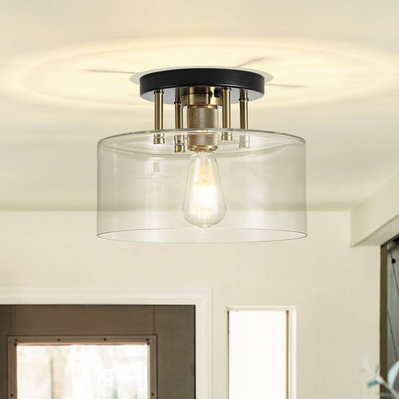 Farmhouse Black Brass 1-Light Glass Drum Semi Flush Ceiling Fixture - 11.8 Inches