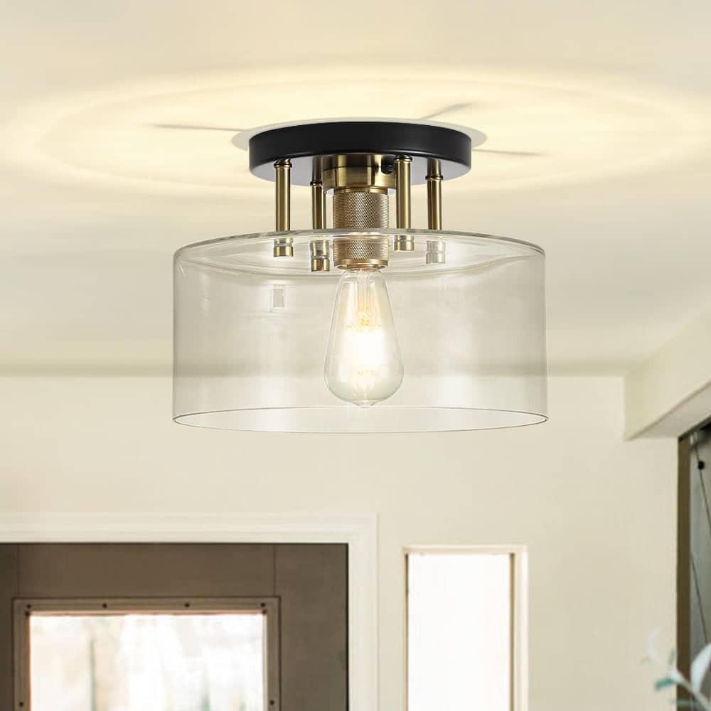 Farmhouse Black Brass 1-Light Glass Drum Semi Flush Ceiling Fixture - 11.8 Inches