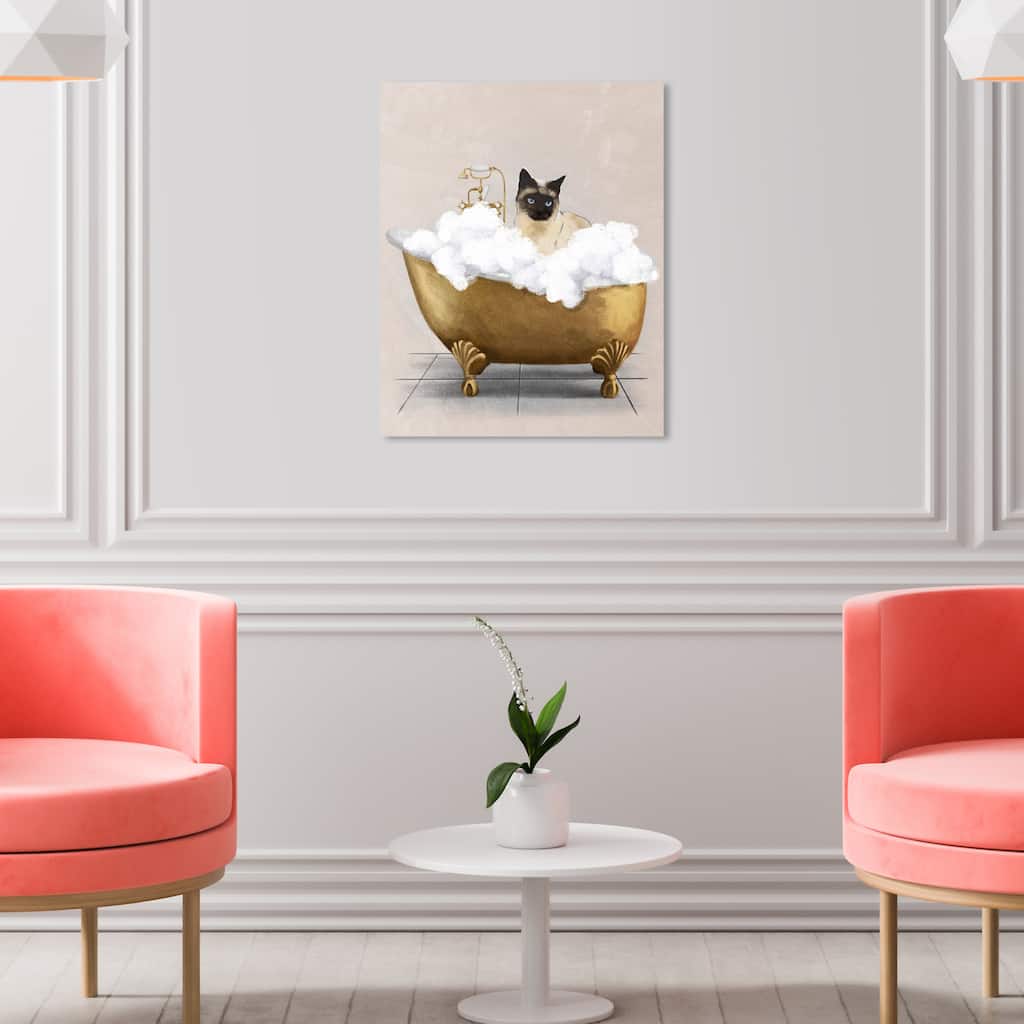 Oliver Gal Bath and Laundry Bathtub Cat Gold and Metallic Gold Glam Wall Art Canvas Print