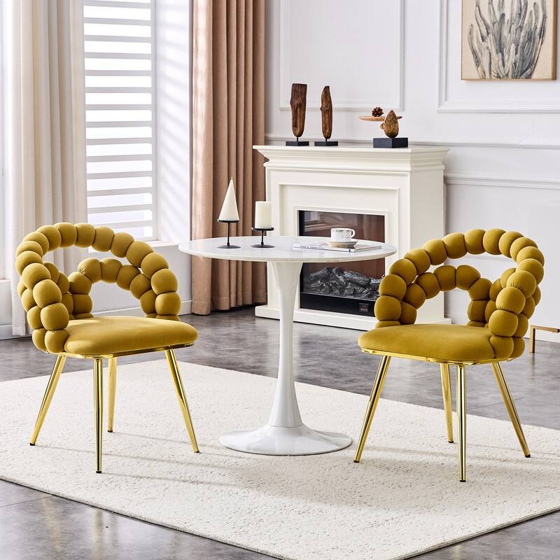 Luxe Gold-Leg Velvet Dining Chair - Modern Bubble Bead Accent Chair for Kitchen & Dining Room - Gold,Yellow - Set of 2