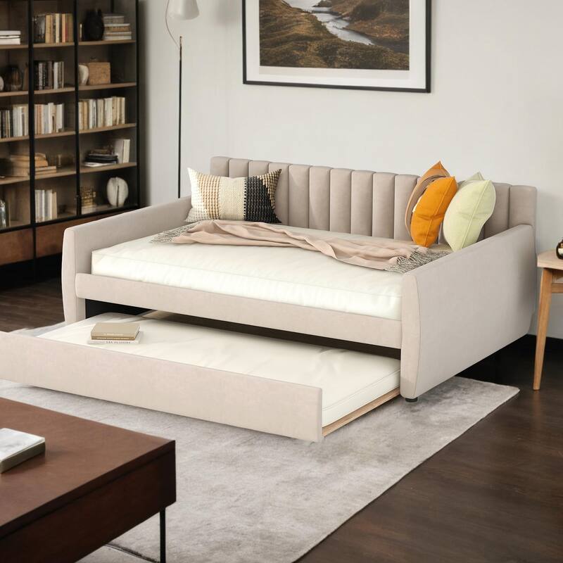 Full Size Upholstered daybed with Trundle and Wood Slat Support - Beige