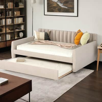 Full Size Upholstered daybed with Trundle and Wood Slat Support