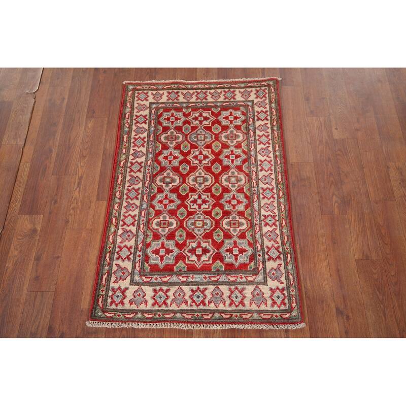 Geometric Kazak Foyer Rug Handmade Oriental Red Wool Carpet - 2'0" x 3'0"