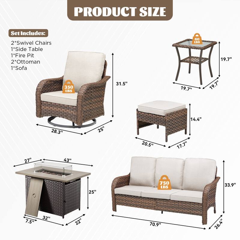 Cavira Brown Wicker Patio Fire Pit Conversation Set with Swivel Gliders