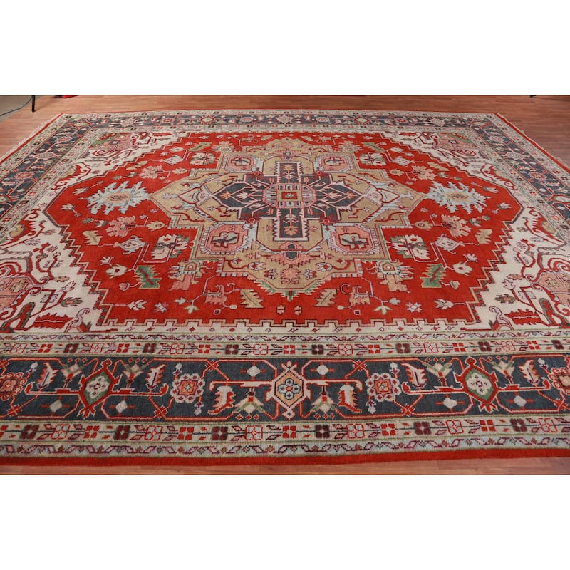 Hand Knotted Oriental 100% Wool Carpet Traditional Medallion Oranges & Rust Heriz (serapi) Area Rug - 14' 11'' X 11' 7''