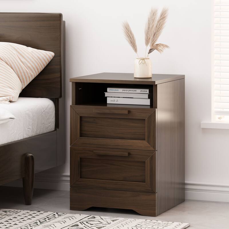 Roomfitters Contemporary Nightstand End Table with Open Storage Shelf and Wood Pull, Side Table for Living Room, Walnut - Walnut