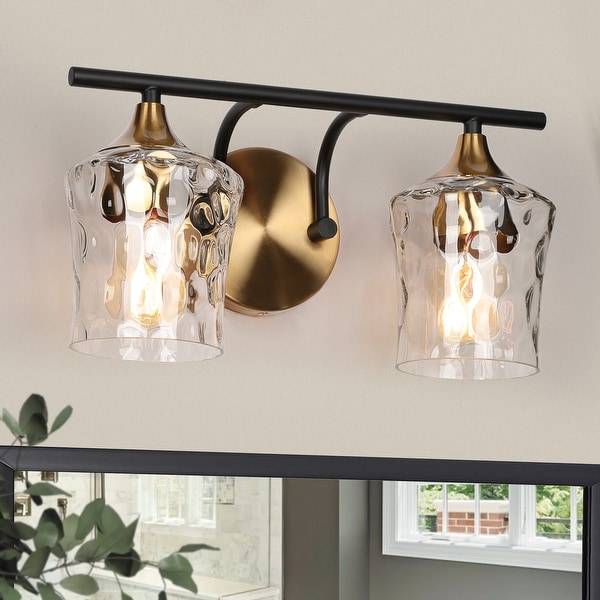 Modern 2 Light Black Gold Bathroom Vanity Lights with Hammered Glass Shades L 14 x W 7 x H 7 On Sale Bed Bath Beyond 35444282