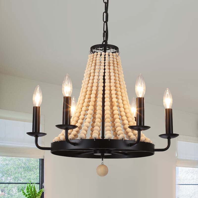 6-Light Farmhouse Chandelier, Round Wagon Wheel Chandelier for Dining Room Kitchen Bedroom Foyer - Matte Black