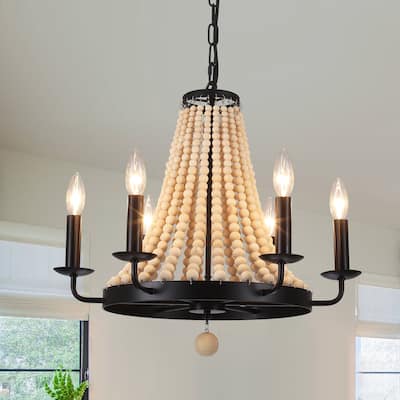 6-Light Farmhouse Chandelier, Round Wagon Wheel Chandelier for Dining Room Kitchen Bedroom Foyer