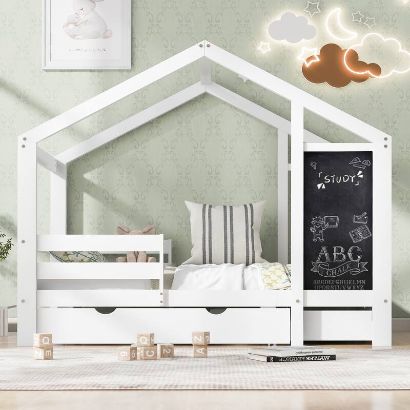 Multi-Functional Full House Bed with Storage & Blackboard - 550 lbs Capacity