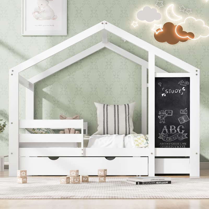 Roomfitters Size House Bed with Blackboard Panels and Storage Drawers, Two Assembly Options, White