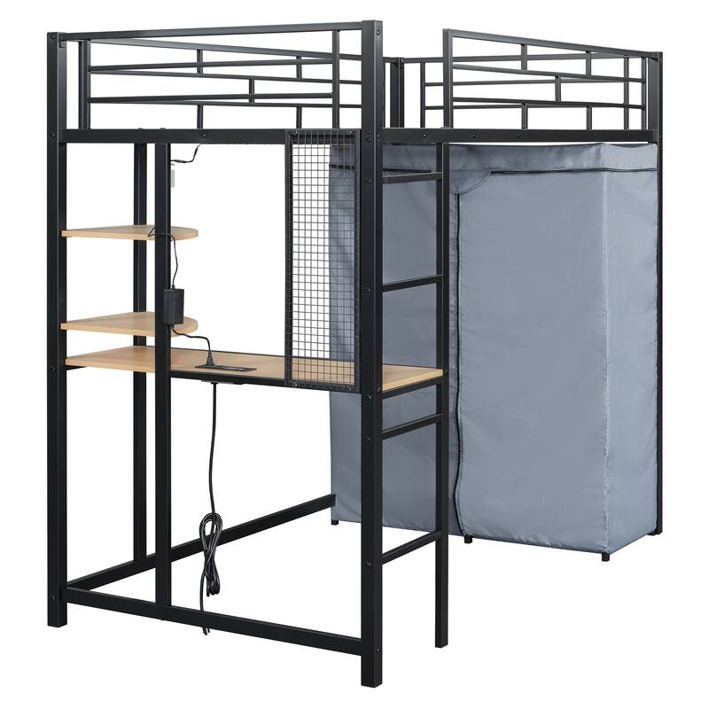 Full Size Metal Loft Bed with Workstation Desk, Built-In Shelves, LED Light Strip, Power Outlet & Hanging Wardrobe Storage