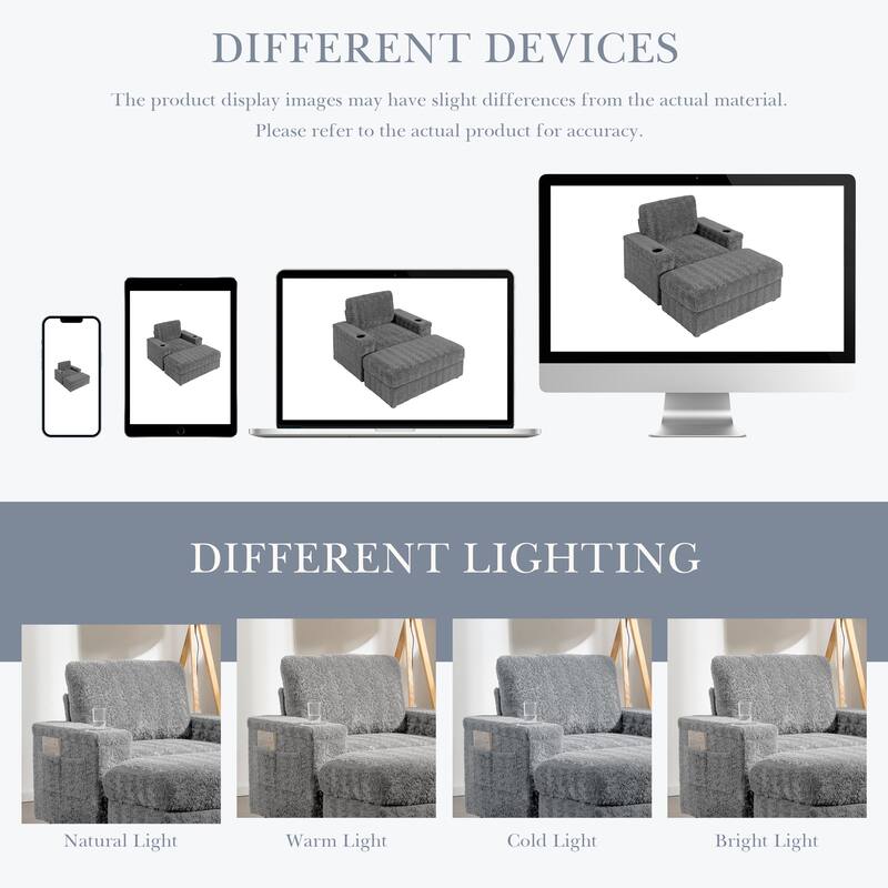 Anmytek 42 Oversized Chaise Lounge Sleeper Chair - with Storage Ottoman Armrests Cup Holders Deep Seat