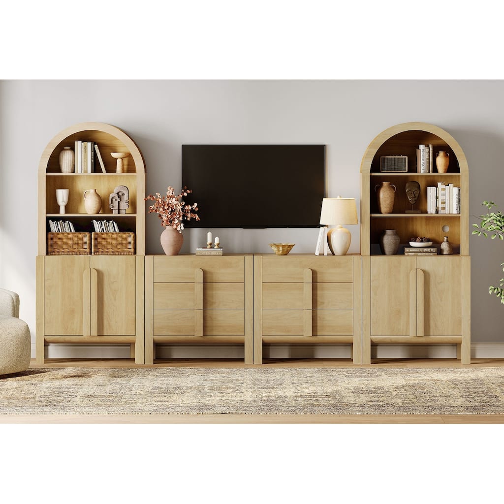 126" Mid-Century Modern TV Stand with Bookshelves for Tvs Up to 70", Large Entertainment Center with Storage Cabinet