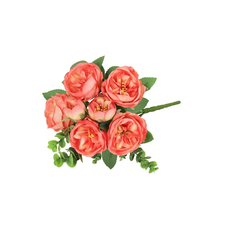 Set of 4 Coral Artificial Cabbage Rose Flower Stem Bush Bouquet 13in - 13" L x 8" W x 8" DP